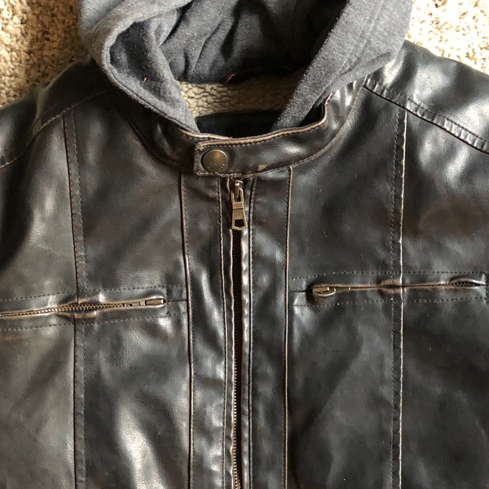 Tommy Hilfiger Men's Brown Distressed Bomber Jacket with Grey Hoodie, Size M